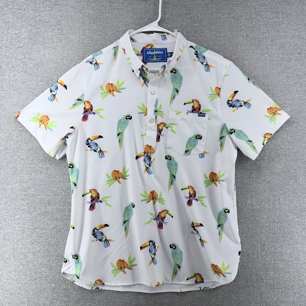 Chubbies Short Sleeve Golf Shirt Men Size Large White Parrot Print